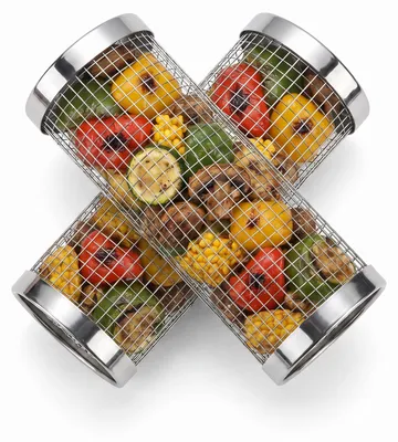 Produktbild von Grillkorb Edelstahl rund – Zylinder Grillnetz mit Griff für Camping & BBQ, rostfrei — 2 Stück
