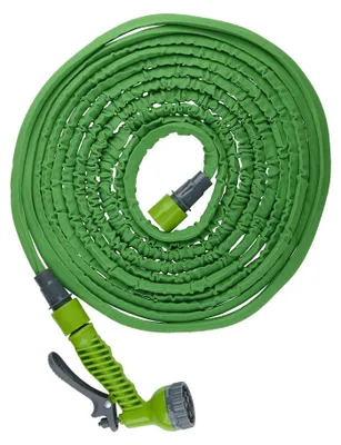 Produktbild von Kinzo Flexibler Gartenschlauch 15 m – inkl. Schlauch Aufsatz – Sprühkopf mit 7 Sprühpositionen – Kunststoff – Grün/Grau