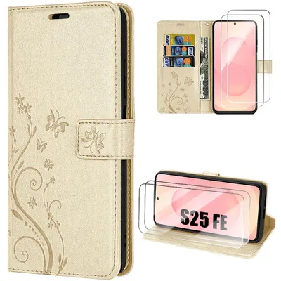 Image de Coque + 2 Verres Trempés pour Samsung Galaxy S25 FE, Cuir Synthétique Anti-Rayures Motif Plante Papillon Doré