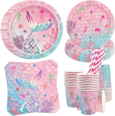 Productafbeelding van Zeemeermin-partyservies - Set van 50 - Verjaardagsservies - Zeemeerminnen - Feestborden - Bekers - Servetten - Decoratie