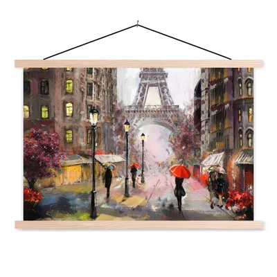 Produktbild von MuchoWow® Textilposter Gemälde - Paris - Eiffelturm - Regenschirm - Ölgemälde 60x40 cm mit holzfarbenen Rahmen - Bilder