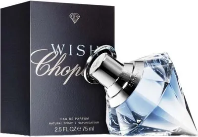 A bottle of Chopard Wish Eau De Parfum and its packaging are displayed against a white background.