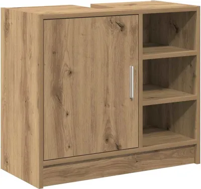 A wooden cabinet with a door and shelves.
