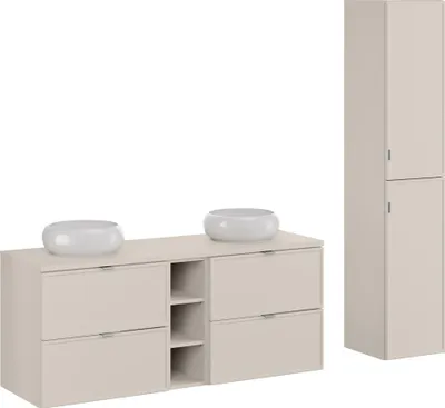 Zdjęcie produktu dla Zestaw Łazienkowy 140 Cm Kaszmir Z Umywalkami Nablatowymi I Szafką Wysoką