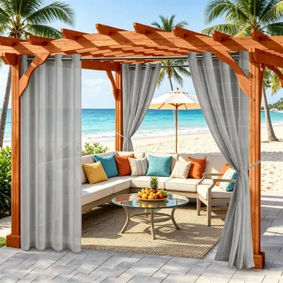 Produktbild von 2er-Set Transparent Gardinen, vorhänge mit ösen, Outdoor Garten vorhang Wasserabweisend, voile gardine, Farbe: Grau, Größe: 132 x 213 cm