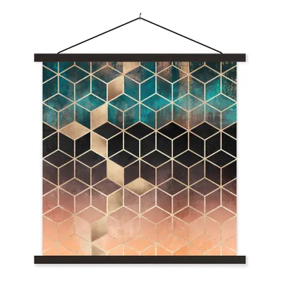 Produktbild von MuchoWow® Textilposter Abstrakt - Würfel - Gold - Muster - Luxus 120x120 cm mit schwarzem Rahmen - Aufhängungsset