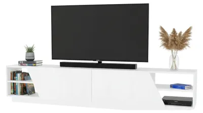 Image de Apat - Meuble TV mobile, 240x37x47h cm Blanc, 2 étagères