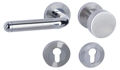 Produktbild von Rosettengarnitur für Wohnungseingangstüren mit Profilzylinderlochung DIN rechts, Knopf/Drücker, Schraubrosette Ø52mm
