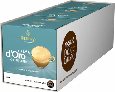 Produktbild von Nescafé Dolce Gusto 3er Set Dallmayr Crema dOro Caffé Latte, Kaffeekapsel, Kaffee, 48 Kapseln