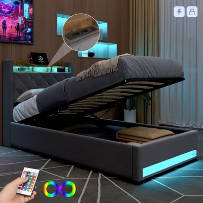 A modern bed with storage and LED lighting in a bedroom setting.