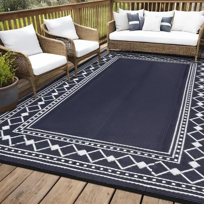 Immagine prodotto di Tappeto da esterno impermeabile, 180x270 cm, motivo a rombi, colore blu navy/bianco