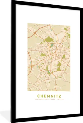 Produktbild von MuchoWow® Gerahmtes Poster Stadtplan - Chemnitz - Vintage - Karte 60x90 cm - Poster mit Schwarzem Bilderrahmen Wandposter Rahmen Foto Bilder - Dekoration - Wandposter Wohnzimmer - Hochwertig