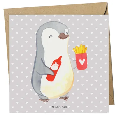 Produktbild von Mr. & Mrs. Panda Grußkarte Pinguin Pommes - Grau Pastell - Geschenk, Valentinstag, Hochzeitstag, für Partner, anlasskarte, Glückwunschkarte, Freundin, Jahrestag, Frauen