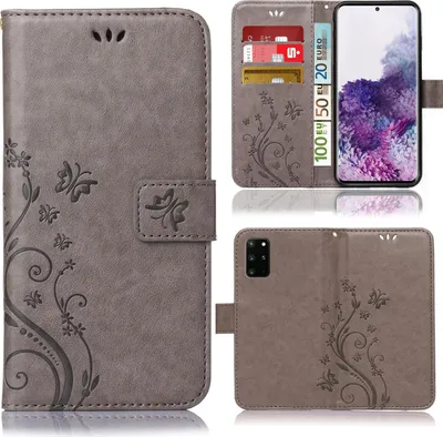 A collage of images showing a grey flip phone case with a floral pattern, including a view of the inside with card slots and a phone, and a view of the back of the case.
