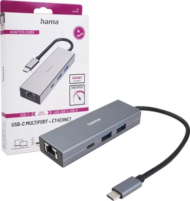 The image shows the product packaging and the product itself, a USB-C hub with multiple ports and an Ethernet port. The packaging is partially visible on the left, and the product is displayed prominently on the right.