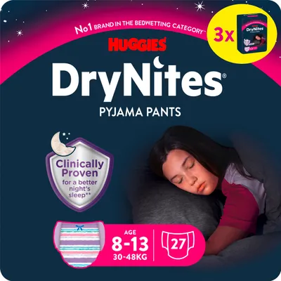 Produktbild von Doppelpack Huggies DryNites Windeln Windelhosen Mädchen 8-13 J (30-48 kg) Monatspack 27 St.