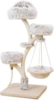 Produktbild von Designer Kratzbaum in Zweigdesign 130 cm hoch, Katzenkratzbaum mit Plüsch und Sisal, Kletterbaum für Katzen, Katzenbaum mit Hängeliege
