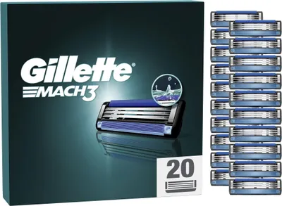 A box of Gillette Mach3 razor blades with a close-up of a single razor head and a water splash graphic.