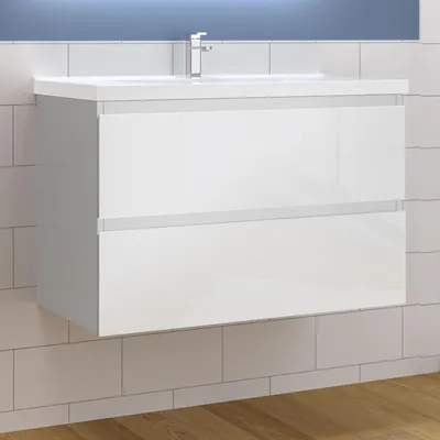 Produktbild von Waschtisch mit Unterschrank 80cm Alast Badmöbel Set Hochglanz Weiß Waschbecken mit Unterschrank MDF Softclose