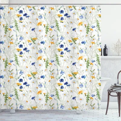 Obrázok produktu pre ABAKUHAUS Kvetinová sprchová záves, divoké kvety maky a sedmokrásky vidiecka príroda lúky rustikálne, 175 x 240 cm, bledozelená žltá modrá