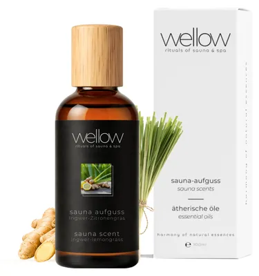 Produktbild von wellow® Sauna-Aufguss Ingwer-Lemongras 100 ml – Saunaaufguss-Konzentrat mit ätherischen Ölen für Sauna & Dampfbad – Germany
