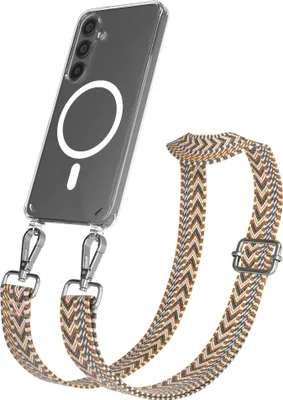 Produktbild von EAZY CASE - Handykette mit MagSafe Hülle für Samsung Galaxy S24, Handyband ZigZag Style,Karabiner Silber, Umhängeband in Braun