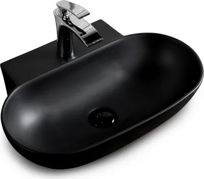 A black ceramic washbasin with a chrome faucet, isolated on a white background.