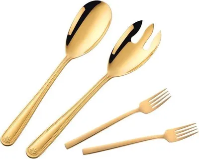 Produktbild von 30 cm Edelstahl Salatbesteck, goldene Salatlöffel und Salatgabel mit 2 Gabeln, Salatbesteckset, für zu Hause und beim Camping, spülmaschinenfest