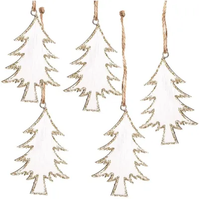 Produktbild von Logbuch-Verlag 5 Weihnachtsanhänger Tannenbaum Holz weiß Gold Glitzer Geschenkanhänger 8 cm Christbaumschmuck Weihnachtsdeko Baum Fenster Tür Weihnachten
