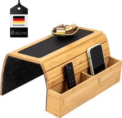 Produktbild von eluno Sofatablett aus Bambus mit Silikonablage und seitlichen Fächern, faltbare Ablage für Snacks, Handy uvm.