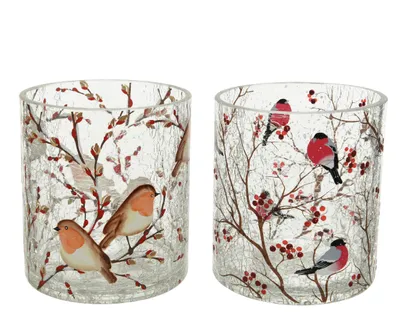 Produktbild von Teelichthalter Glas 10cm mit Vogel Motiv 1 Stück sortiert Transparent