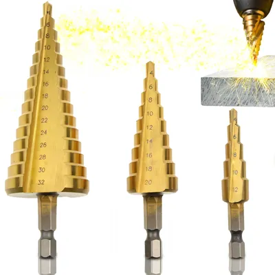 Produktbild von HSS Stufenbohrer Set 3 tlg. Konusbohrer Kegelbohrer Aluminium Gehäuse Fräser Set Konus Spiral Bohrer für Edelstahl Metall Holz Kunststoff Retoo