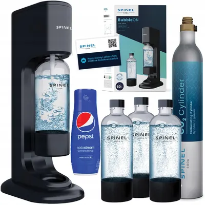 Produktbild von Spinel Soda BubbleON Wassersprudler Set Schwarz 3 Flaschen Pepsi Sirup