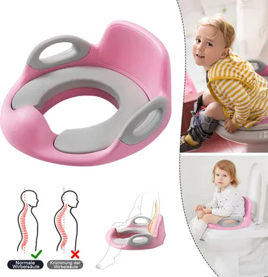 Image de XINZI Siège de toilettes pour enfants Rehausseurs de toilettes Siège bébé Coussin antidérapant Rehausseurs de toilettes avec poignée et protection anti-éclaboussures Rose+Gris