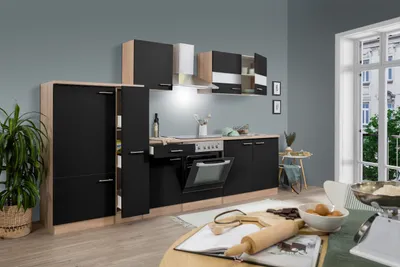 Produktbild von Küche Küchenzeile Küchenblock Einbauküche Eiche Schwarz Merle 300 cm Respekta