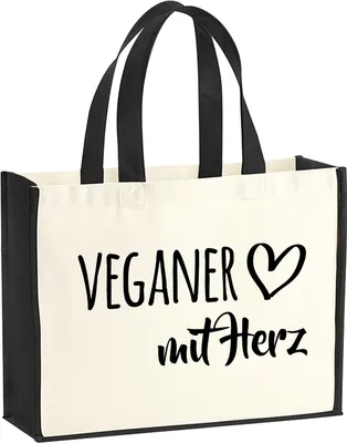 Produktbild von Huuraa Jutetasche Veganer mit Herz 21 Liter Black Jute und Baumwolle Einkaufstasche Geschenkidee
