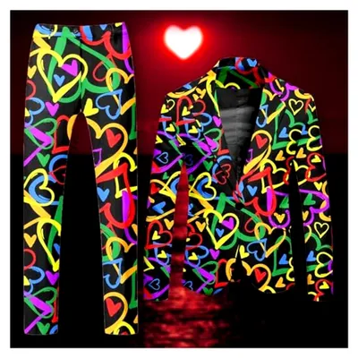 Produktbild von Party Kostüm Herren karneval Blazer 2 Teilige Bunte Bedruckte Anzug Slim Fit Anzug für Party Outfits faschingskostüme Männer Regenbogen Druck Blazer Jacke mit Hose Herrenanzüge