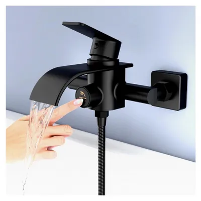 Produktbild von Badewannenarmatur Wasserfall Schwarz, Mischbatterie aus Messing für Badewanne mit Druckschalter