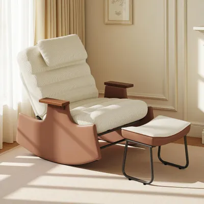 Produktbild von UnboxG Schaukelstuhl mit Hocker, 3-fach verstellbare Rückenlehne, Cordbezug, Massivholz-Armlehnen, Relaxsessel für Wohnzimmer und Schlafzimmer