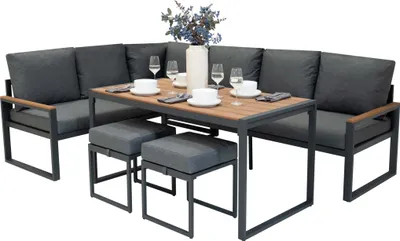 Image de Ensemble de mobilier de jardin en aluminium marron avec coffre de rangement en rotin noir – Canapé d'angle d'extérieur 7 places avec table à manger, poufs, coussins, couvercle à ressort de gaz de 582 L, imperméable, housse de protection contre la pluie et sac de transport