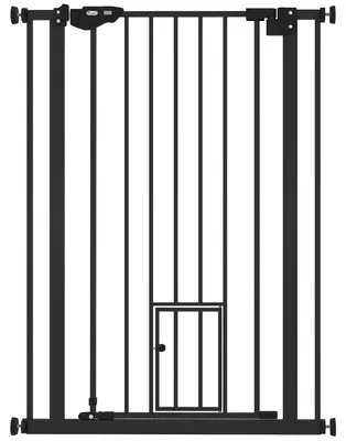 Produktbild von Hundegitter - Hoher Türschutz für Hunde - Verstellbare Breite 74–80 cm - Höhe 104 cm - Kleine Tierklappe - Selbstschließende Tür - Metall - Schwarz