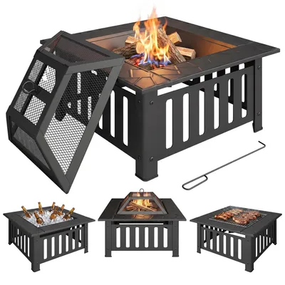 Produktbild von Garten Feuerstelle - Quadratische Feuerschale aus Stahl - 67x67x47 cm - Mit Schürhaken - Schwarz