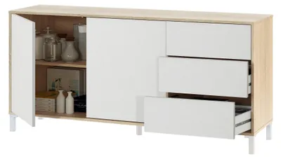 Produktbild von Highboard Dbog, Modernes Sideboard mit 2 Türen und 3 Schubladen, Buffet im Wohnzimmer, Fernsehschrank, Sideboard für Wohnzimmer, 154x41h74 cm, Eiche und Weiß