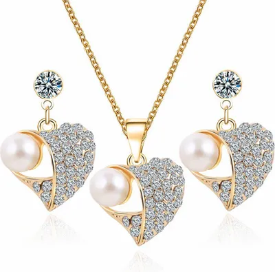 Produktbild von Schmukset Strass Herz Perle Halskette+Ohrringe Kristall Gold Damen Geschenk