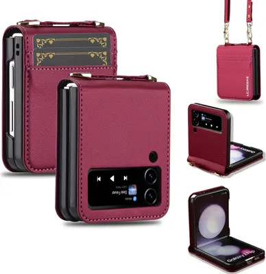 Immagine prodotto di Custodia flip crossbody in pelle per Samsung Galaxy Z Flip3 5G, con laccetto da collo e slot per carte di credito Rosso