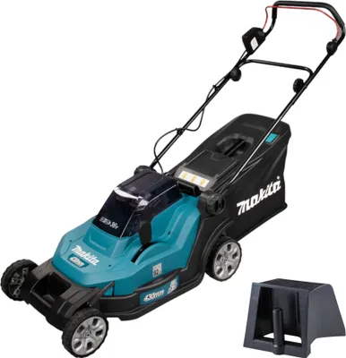 A teal and black Makita cordless lawnmower is shown against a white background, with a black mulch attachment to the right.