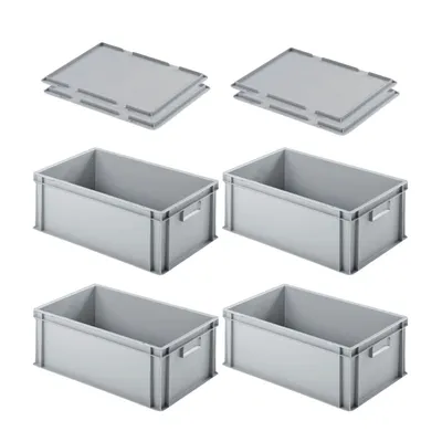 Produktbild von SuperSparSet 4x Eurobehälter mit geschlossenem Griff & Auflagedeckel | HxBxT 22x40x60cm | 38 Liter | Grau | Eurobox, Transportbox, Transportbehälter, Stapelbehälter