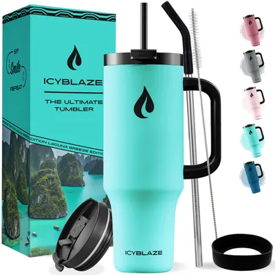 Isolierbecher 40 oz mit Griff, Strohhalm & Deckel, türkis