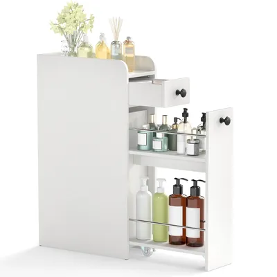 Zdjęcie produktu dla COSTWAY Szafka niszowa na kółkach, szafka łazienkowa z otwartą półką i 2 szufladami, wózek niszowy wąski, 18x40x70 cm (czarny)
