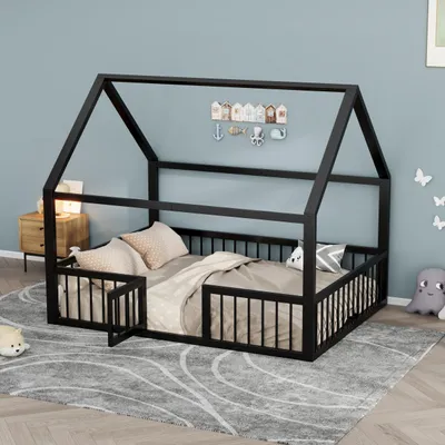 Produktbild von Flieks Kinderbett Hausbett Metallbett 140x200cm mit Tür, Bodenbett mit Lattenrost, Metallbett Einzelbett mit Rausfallschutz, Schwarz